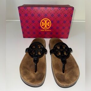 Tory Burch Women's Miller Cloud Sandals Black Patent Leather Natural Size 8